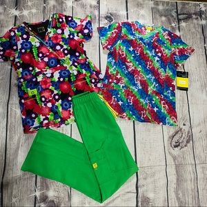 NWT WINK LIME GREEN SCRUB PANTS & (2) PATTERN TOPS
